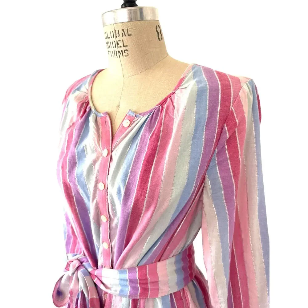 J. Crew Pastel Pink Metallic Thread Cotton Belted Button-Up Dress Size Medium